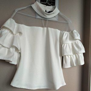 INA White top with ruffle sleeves and sheer top